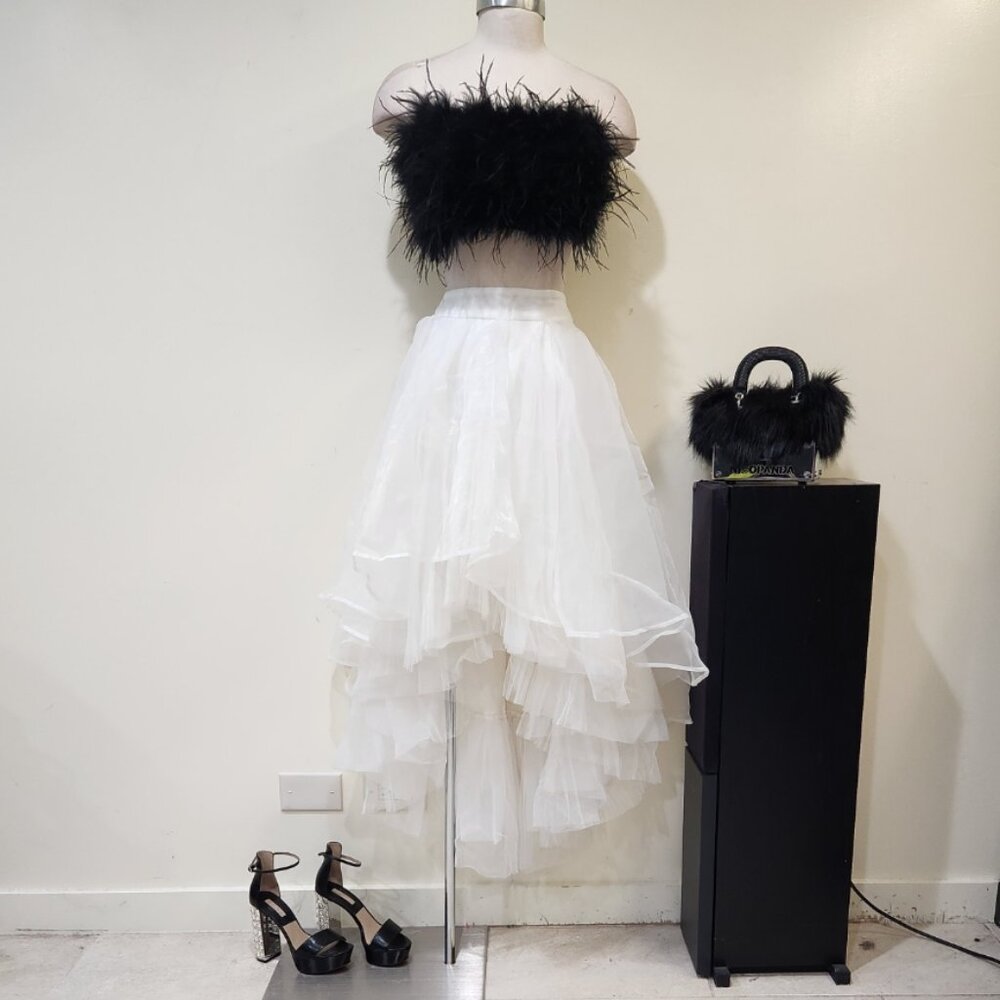 💋BOMBSHELL!💋 GRACIA WHITE HIGH-LOW LAYERED RUFFLED PLEATED TULLE & MESH SKIRT - Picture 6 of 16